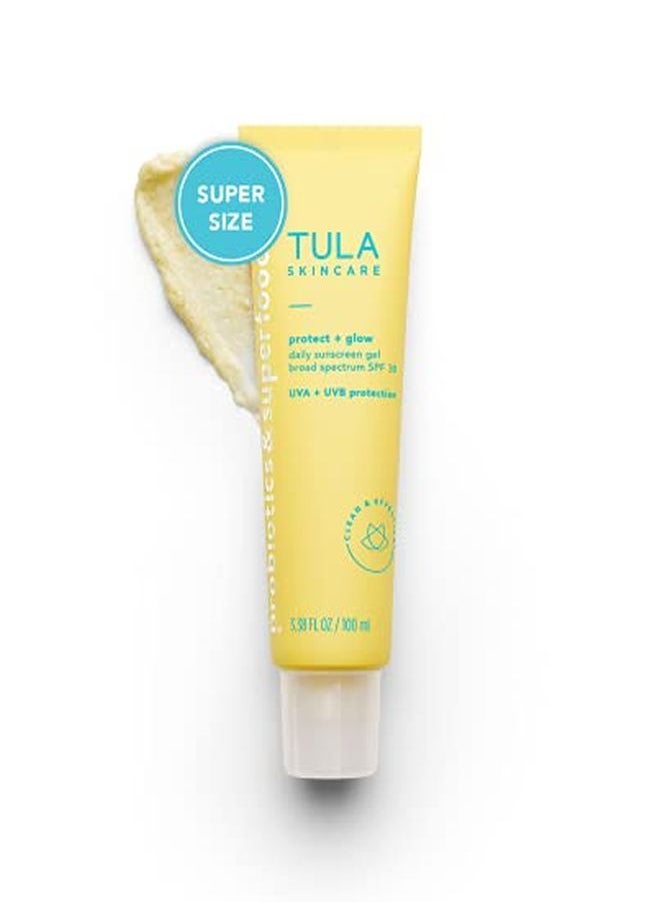 TULA Skin Care Supersize Protect + Glow Daily Sunscreen Gel Broad Spectrum Spf 30 | Skincarefirst Nongreasy Noncomedogenic & Reefsafe With Pollution & Blue Light Protection | 338 Fl Oz  - Image 1