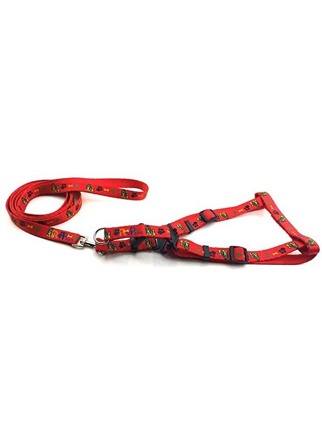 Soft Adjustable Bone/Paw Printed Nylon Padded Vest Harness And Long Handle Leash Ideal For Outdoor Walking/Training Dogs And Puppies (Red) - Image 1