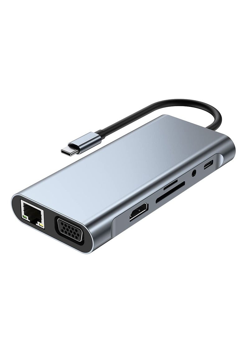 Zero ZERO 11IN1 Type C to 4K HDTV Adapter with LAN, VGA, Audio, 4 USB Ports, SD & TF Slots – Grey  - Image 1