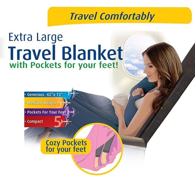 Cloudz Extra Large Airplane Travel Blanket for Your Flight, Car, Camping, Home or Comforting Warmth Anywhere! Includes Warm Cozy Pockets for Your Feet and a Travel Bag - Charcoal - Image 3