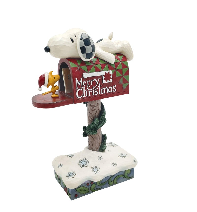 Enesco Peanuts by Jim Shore Snoopy and Woodstock on Merry Christmas Mailbox Figurine Stone Resin Hand Crafted Painted Collectible Peanuts Snoopy Figurines Christmas Home Decor Statue 728 Inch - Image 2