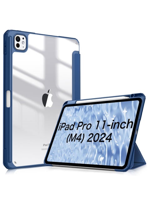iPad Pro 11-inch M4 (2024) (Model Number: A2836/A2837/A3006) - [Built-in Pencil Holder] Shockproof Protective Cover with Clear Transparent Back Shell, Navy Blue