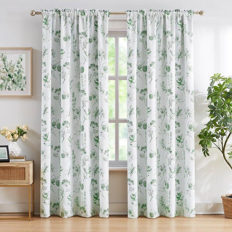 FMFUNCTEX 100% Blackout Floral Curtains 84 Inches Long for Bedroom  Sage Green Leaf Drapes for Living Room  Farmhouse Rod Pocket Back Tab Room Darkening Thermal Insulated Window Drapes 2 Panels - Image 2
