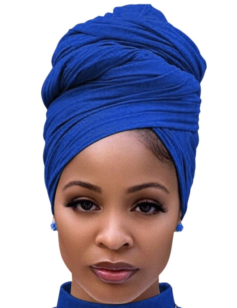 Harewom African Head Wraps for Black Women Solid Turban Stretch Headband Tie for Sleeping Royal Blue - Image 1