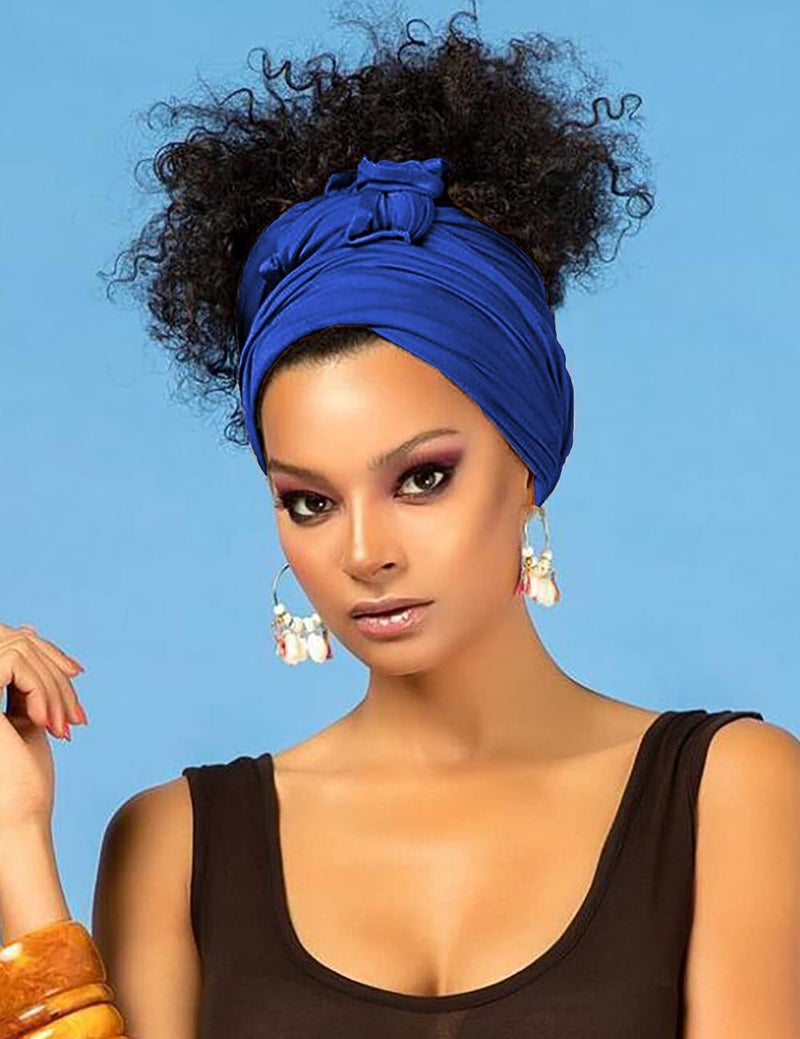 Harewom African Head Wraps for Black Women Solid Turban Stretch Headband Tie for Sleeping Royal Blue - Image 4