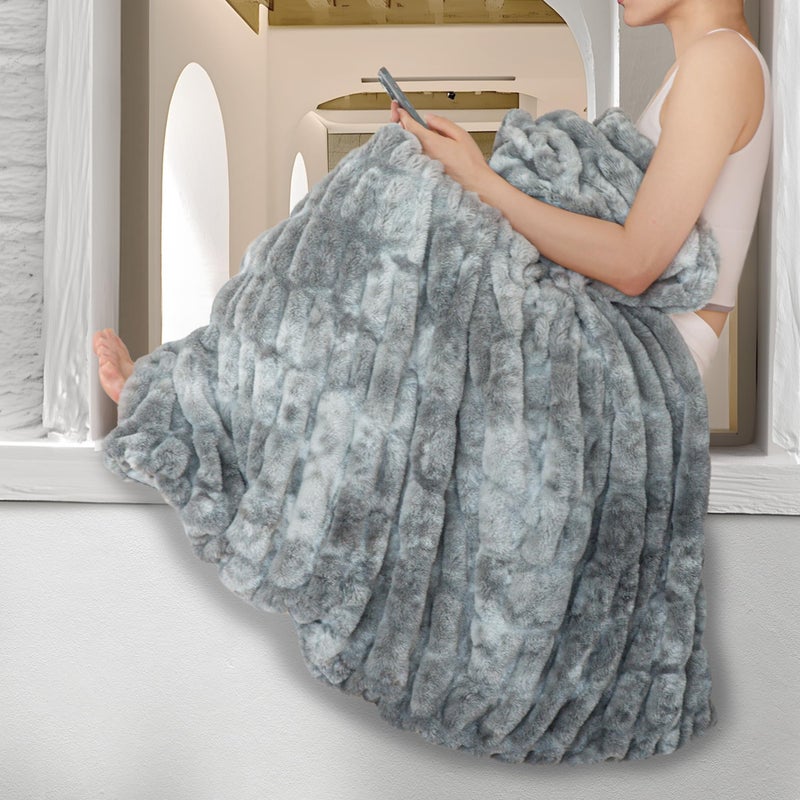 blunique Faux Fur Blanket Throw Blanket for Couch Fluffy Blanket with Stretch Ruched Design Ultra Soft Giftable Home Decor 50x60 inches TieDyed in Gray