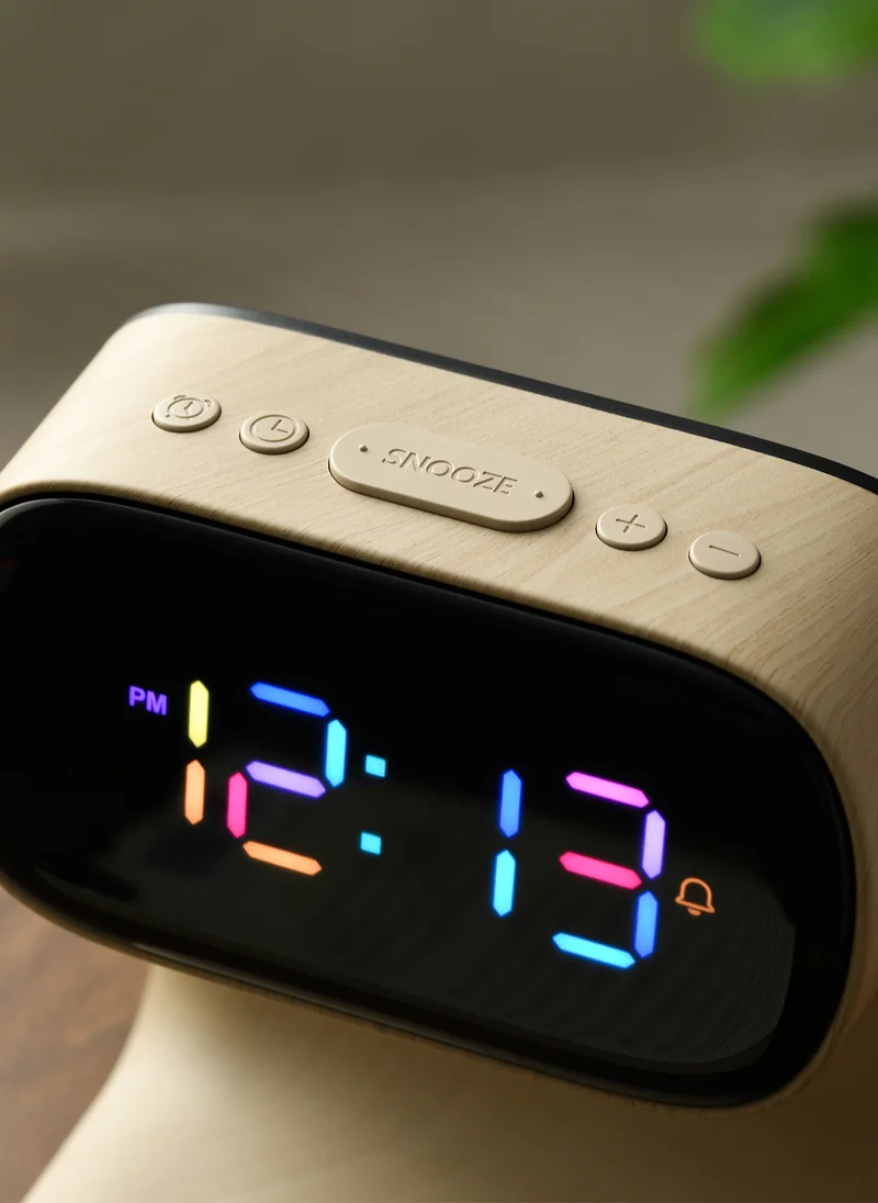 Sharpdo LED Multi-Function 3-In-1 Night Light Alarm Clock with Wireless Charging, Imitation Wood Grain Wireless Charging Bedside Lamp, Colorful Clock Display