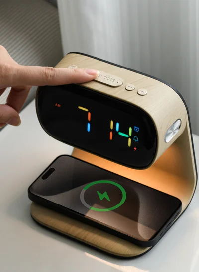 Sharpdo LED Multi-Function 3-In-1 Night Light Alarm Clock with Wireless Charging, Imitation Wood Grain Wireless Charging Bedside Lamp, Colorful Clock Display