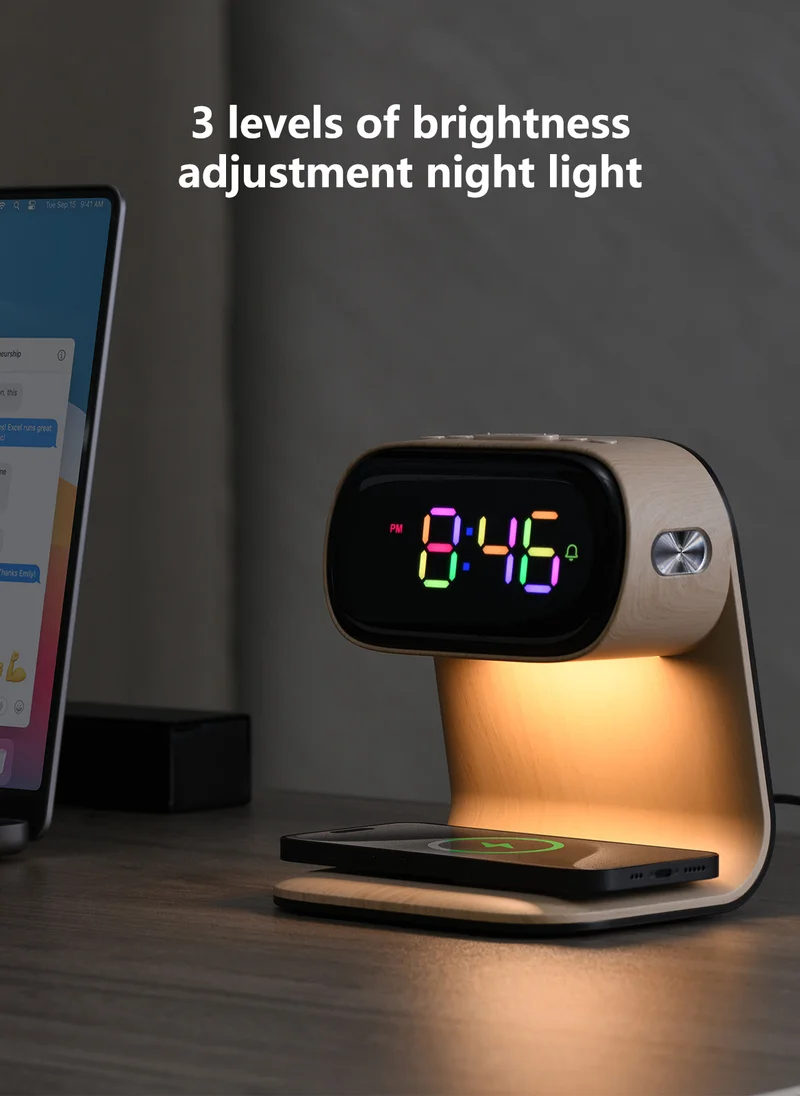 Sharpdo LED Multi-Function 3-In-1 Night Light Alarm Clock with Wireless Charging, Imitation Wood Grain Wireless Charging Bedside Lamp, Colorful Clock Display