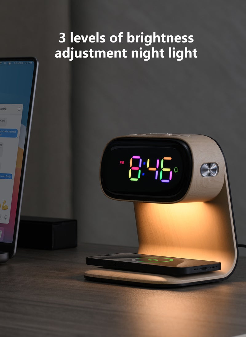 Sharpdo - LED Multi-Function 3-In-1 Night Light Alarm Clock with Wireless Charging, Imitation Wood Grain Wireless Charging Bedside Lamp, Colorful Clock Display - Image 1