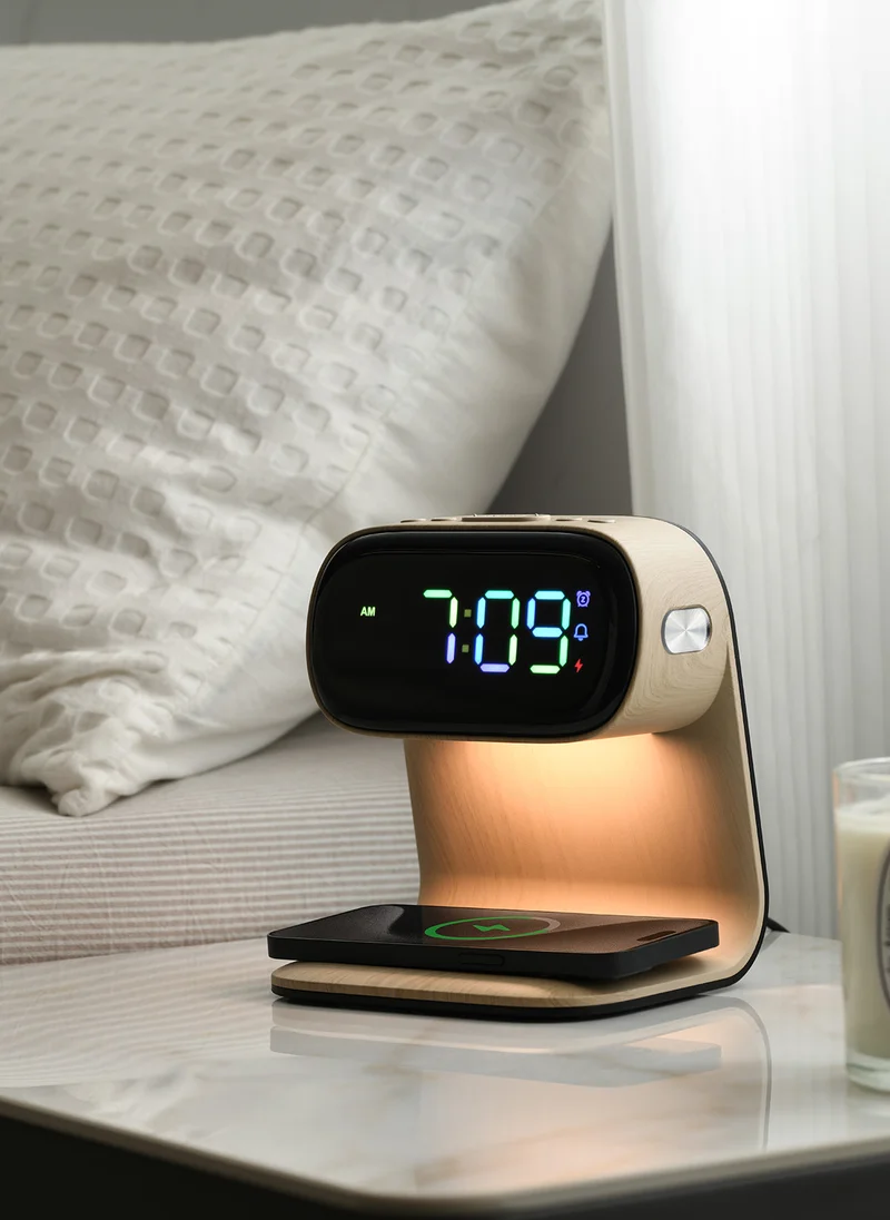 Sharpdo LED Multi-Function 3-In-1 Night Light Alarm Clock with Wireless Charging, Imitation Wood Grain Wireless Charging Bedside Lamp, Colorful Clock Display