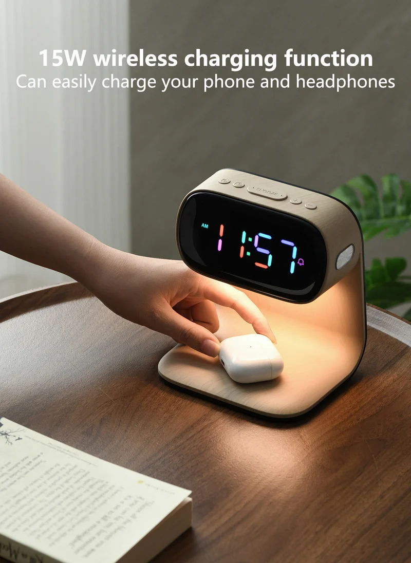 Sharpdo LED Multi-Function 3-In-1 Night Light Alarm Clock with Wireless Charging, Imitation Wood Grain Wireless Charging Bedside Lamp, Colorful Clock Display