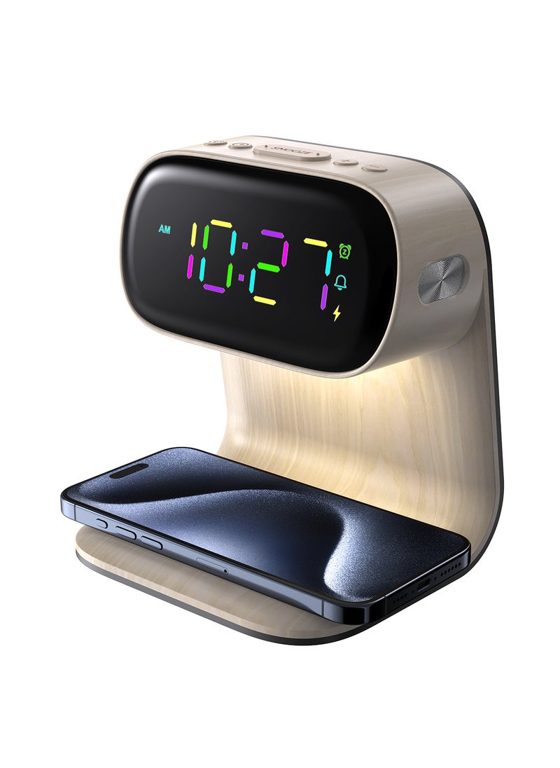 Sharpdo - LED Multi-Function 3-In-1 Night Light Alarm Clock with Wireless Charging, Imitation Wood Grain Wireless Charging Bedside Lamp, Colorful Clock Display - Image 1