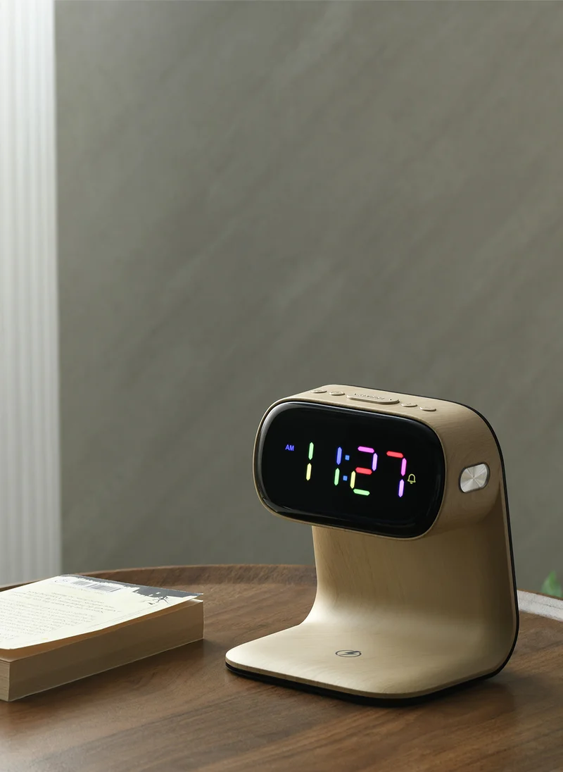 Sharpdo LED Multi-Function 3-In-1 Night Light Alarm Clock with Wireless Charging, Imitation Wood Grain Wireless Charging Bedside Lamp, Colorful Clock Display