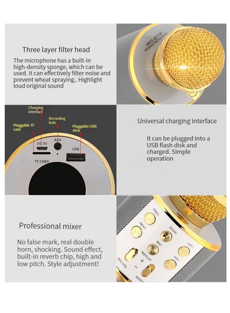 New WS858 Karaoke Wireless Bluetooth Microphone Home Singing Microphone Handheld KTV Audio Microphone (Gold)  - Image 3