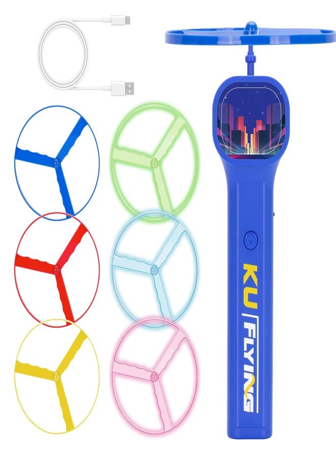 HOMQYTE Rechargeable Disc Launcher with 6 Flying Spinners for Outdoor Activities Game White Elephant Gift Fidget Toys (Blue) - Image 1