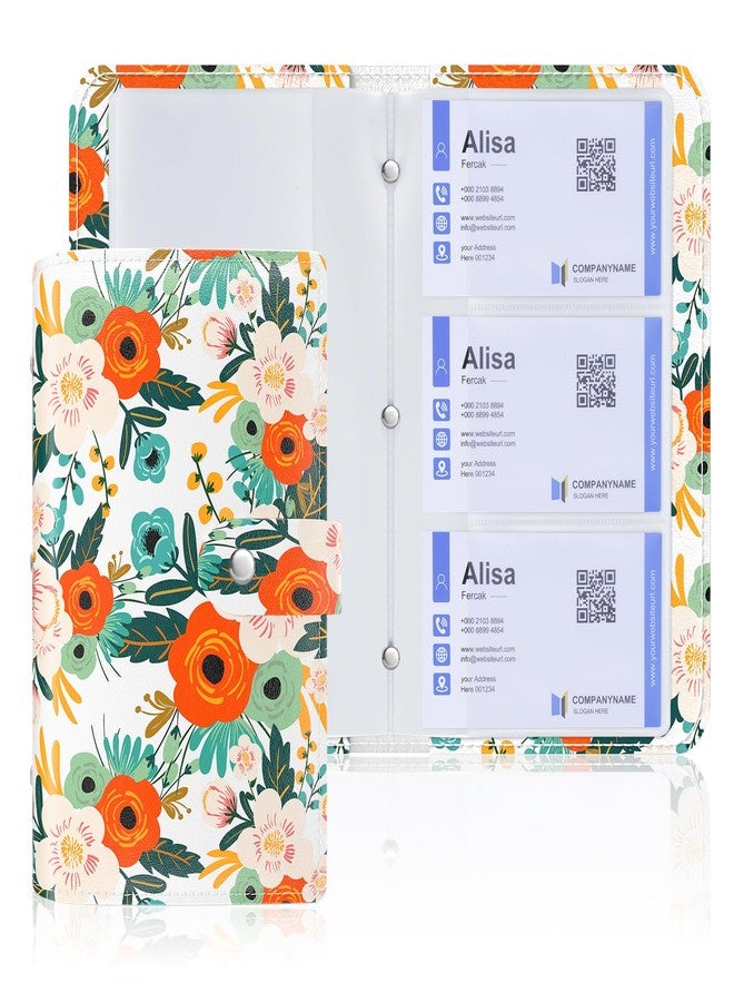 Rouidr Business Card Organizer, RFID Business Credit Card Holder with 96 Card Slots, Portable Leather Card Wallet for Women, White Flower - Image 1