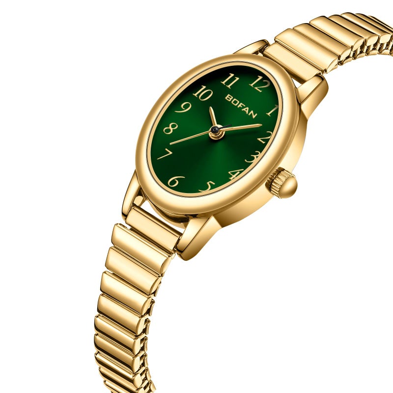 BOFAN Small Gold Watches for Women Easy Read Ladies Quartz Wrist Watch with Stainless Steel Expansion Band,Green Dial,Waterproof.ï¼ˆ6.10in-6.89inï¼‰ - Image 2