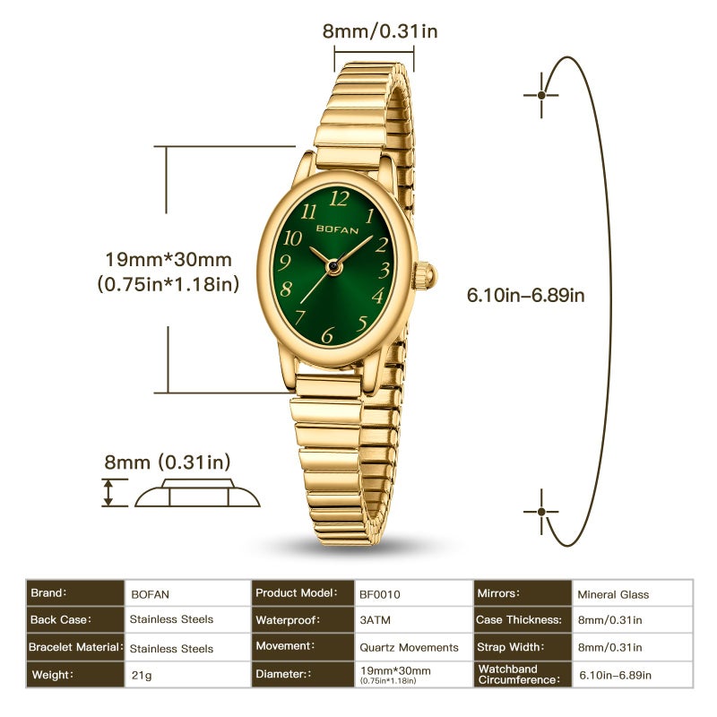 BOFAN Small Gold Watches for Women Easy Read Ladies Quartz Wrist Watch with Stainless Steel Expansion Band,Green Dial,Waterproof.ï¼ˆ6.10in-6.89inï¼‰ - Image 4