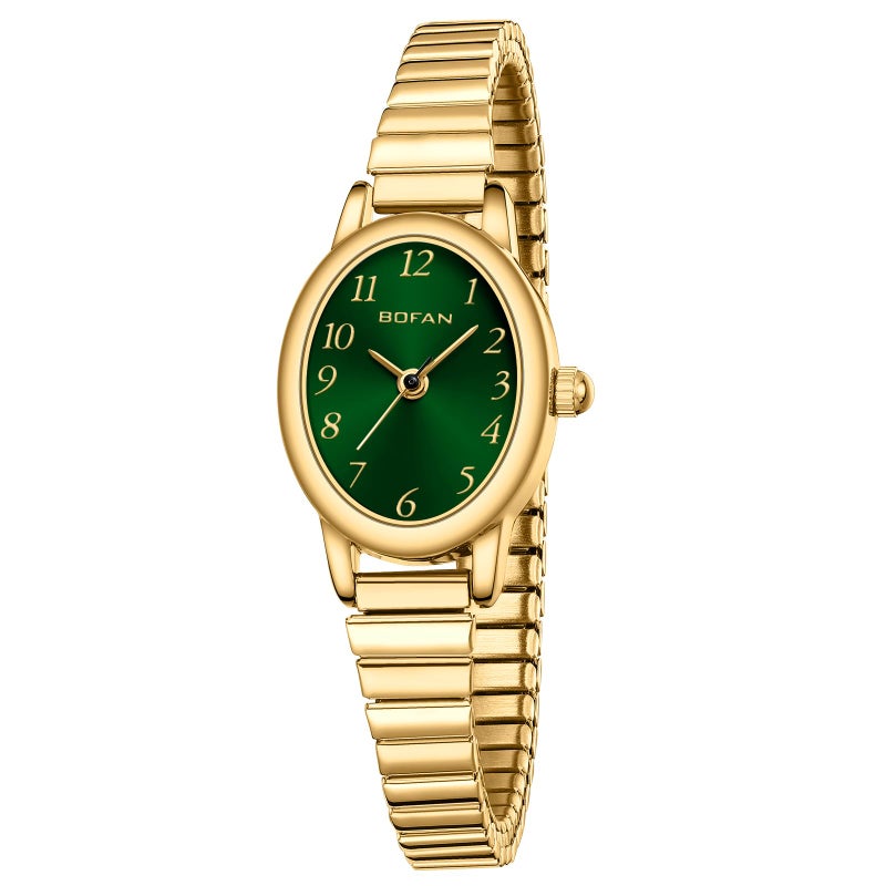 BOFAN Small Gold Watches for Women Easy Read Ladies Quartz Wrist Watch with Stainless Steel Expansion Band,Green Dial,Waterproof.ï¼ˆ6.10in-6.89inï¼‰ - Image 1