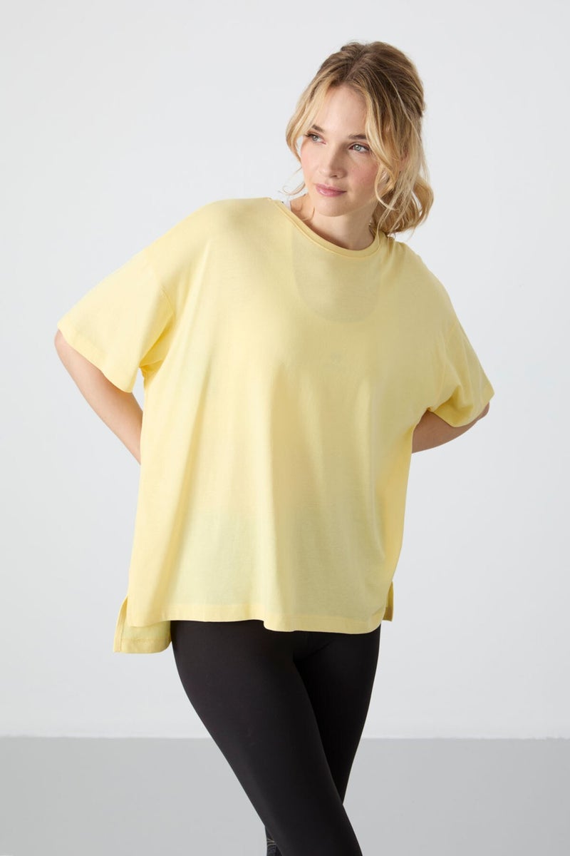 Tommy Life Yellow Combed Modal Soft Touch Oversize Fit Basic Women's T-Shirt - 97285  - Image 5