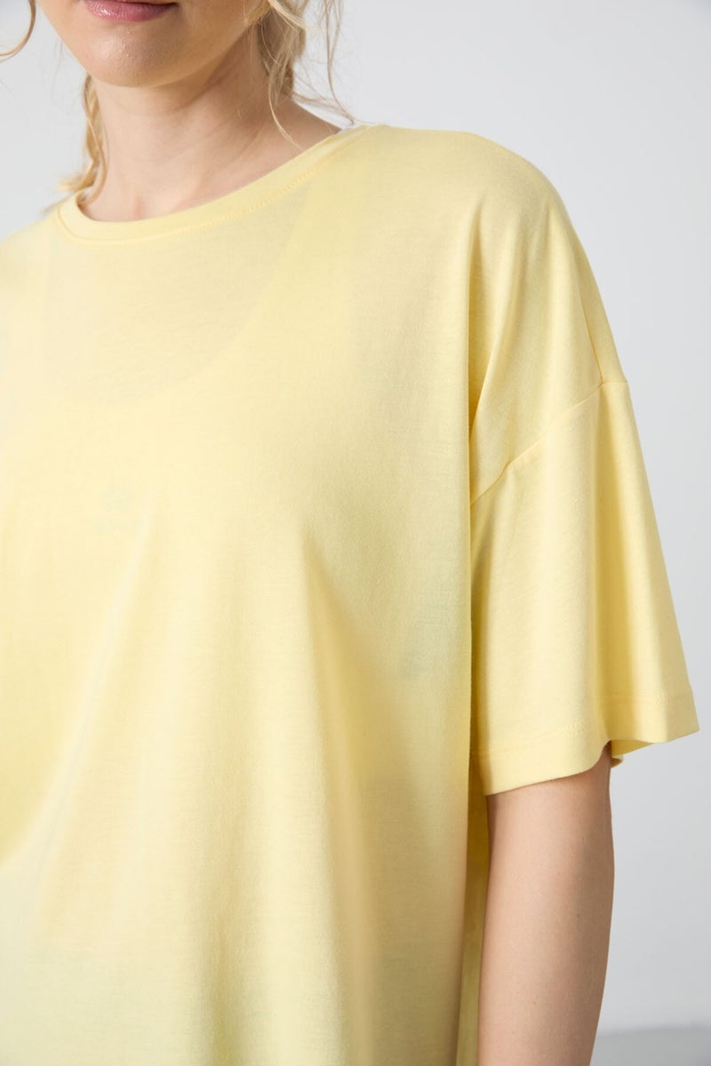 Tommy Life Yellow Combed Modal Soft Touch Oversize Fit Basic Women's T-Shirt - 97285  - Image 3