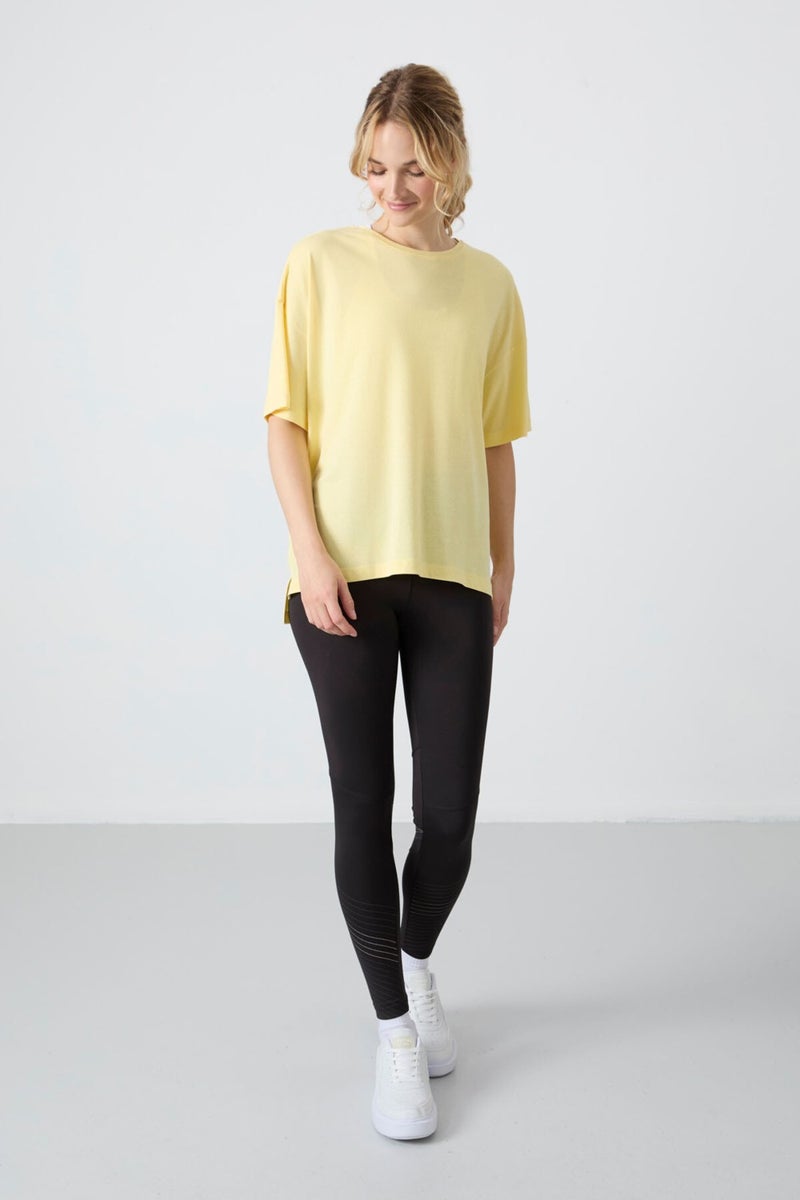 Tommy Life Yellow Combed Modal Soft Touch Oversize Fit Basic Women's T-Shirt - 97285  - Image 2