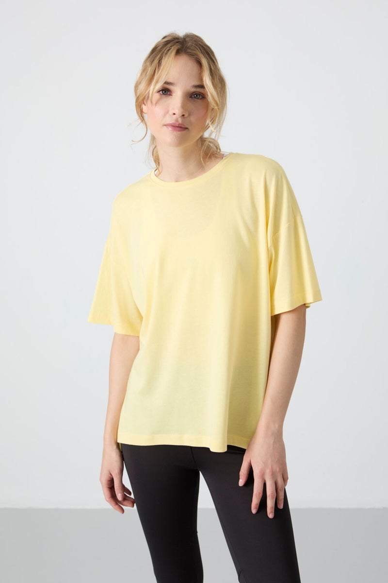 Tommy Life Yellow Combed Modal Soft Touch Oversize Fit Basic Women's T-Shirt - 97285  - Image 1