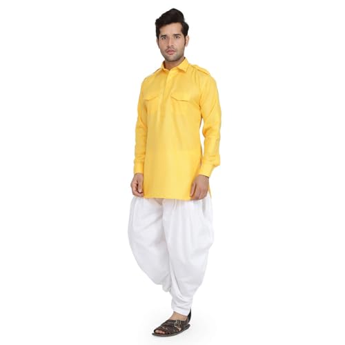 Royal Kurta كُرتا ملكي للرجال من الكتان مع طقم سالوار (44، أصفر) - Image 4