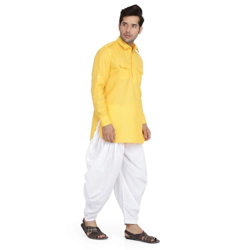 Royal Kurta كُرتا ملكي للرجال من الكتان مع طقم سالوار (44، أصفر) - Image 3