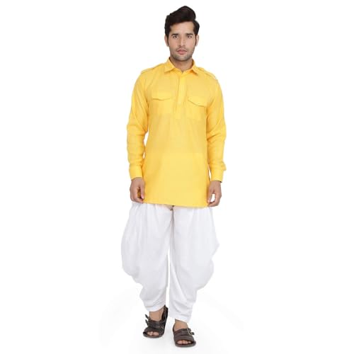Royal Kurta كُرتا ملكي للرجال من الكتان مع طقم سالوار (44، أصفر) - Image 1