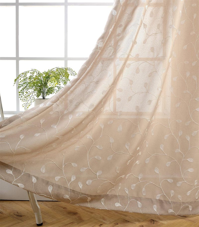 MIUCO Floral Embroidered Semi Sheer Curtains Faux Linen Grommet Curtains for Kitchen 52 x 84 Inch 2 Panels Linen - Image 1