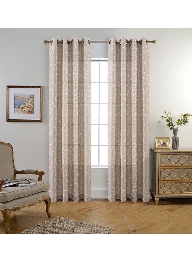 MIUCO Floral Embroidered Semi Sheer Curtains Faux Linen Grommet Curtains for Kitchen 52 x 84 Inch 2 Panels Linen - Image 4