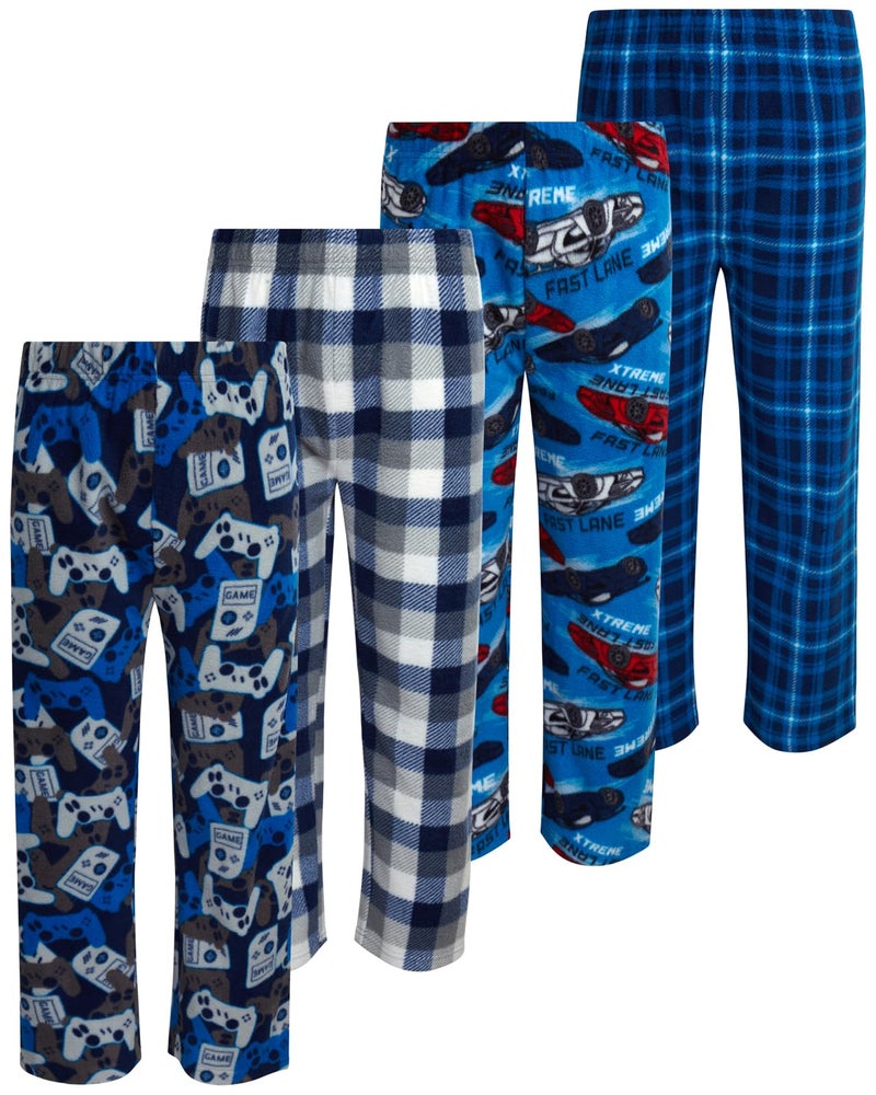 Mad Game Boys Pajama Pants - 4 Pack Boys Sleepwear Soft Micro Polar Fleece Elastic Waist Plaid Pajama Pants for Kids, Size 16-18, Video Games/Racecars/Plaid - Image 1