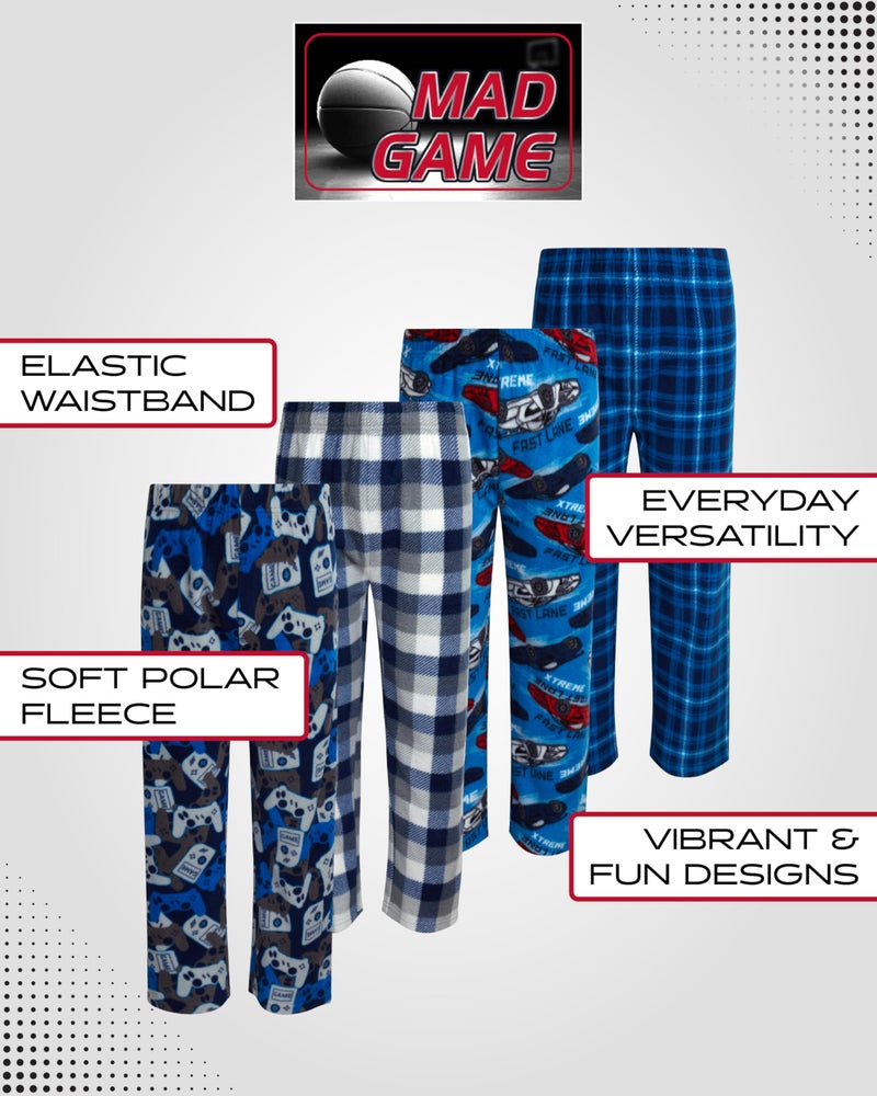 Mad Game Boys Pajama Pants - 4 Pack Boys Sleepwear Soft Micro Polar Fleece Elastic Waist Plaid Pajama Pants for Kids, Size 16-18, Video Games/Racecars/Plaid - Image 2