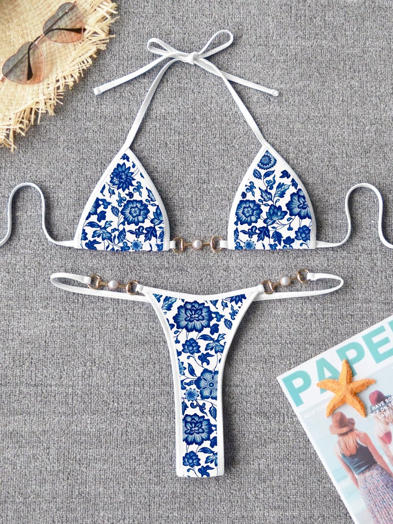 TASHEHE Women's Triangle Thong Bikini Set Sexy String Brazillian Two Piece Swimsuit Cute Bikini Bathing Suit - White/Blue Floral - Small - Image 5