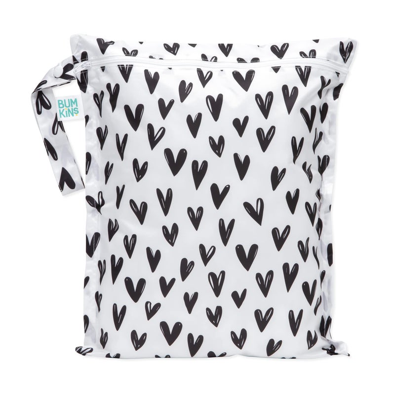 Bumkins Waterproof Wet Bag for Baby Travel Swim Suit Cloth Diapers Pump Parts Pool Beach Gym Clothes Toiletry Hook to Stroller Daycare Zipper Reusable Wetdry Packing Pouch Black Hearts