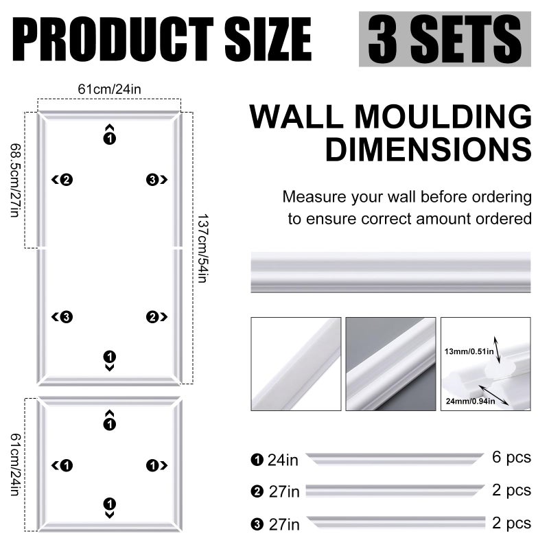 Pangda 3 Set Peel and Stick Wall Molding Kit, 3D Premade Accent Molding Wainscoting Panel for Interior Wall Moulding Decor, Ready to Assemble Wainscoting Accent Panel (24 x 54in) - Image 2