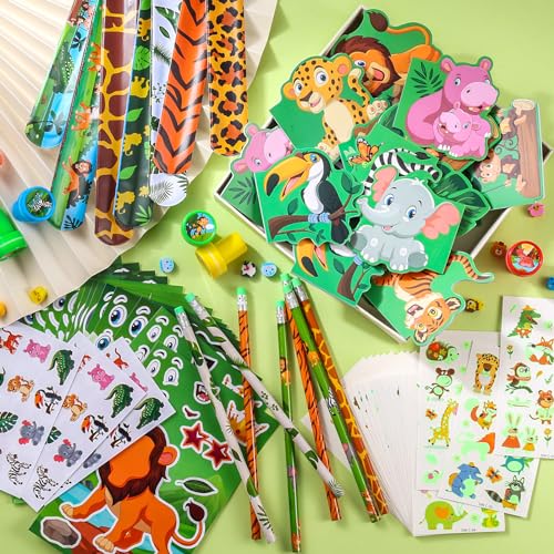 BenLouis 240Pcs Jungle Safari Party Favors Zoo Animals Sticker Stampers Slap Bracelets School Stationery Set Bulk Classroom Prizes for Kids Wild One Party Baby Shower Goodie Bags Fillers - Image 4