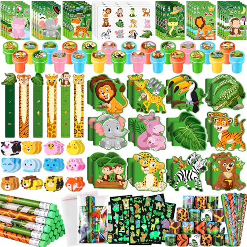 BenLouis 240Pcs Jungle Safari Party Favors Zoo Animals Sticker Stampers Slap Bracelets School Stationery Set Bulk Classroom Prizes for Kids Wild One Party Baby Shower Goodie Bags Fillers - Image 1