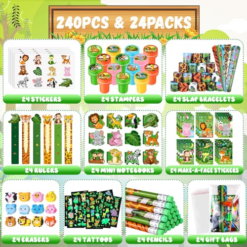 BenLouis 240Pcs Jungle Safari Party Favors Zoo Animals Sticker Stampers Slap Bracelets School Stationery Set Bulk Classroom Prizes for Kids Wild One Party Baby Shower Goodie Bags Fillers - Image 2