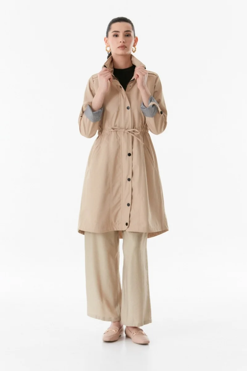 FullaModa Trench Coat with Folded Sleeves and Elastic Waist