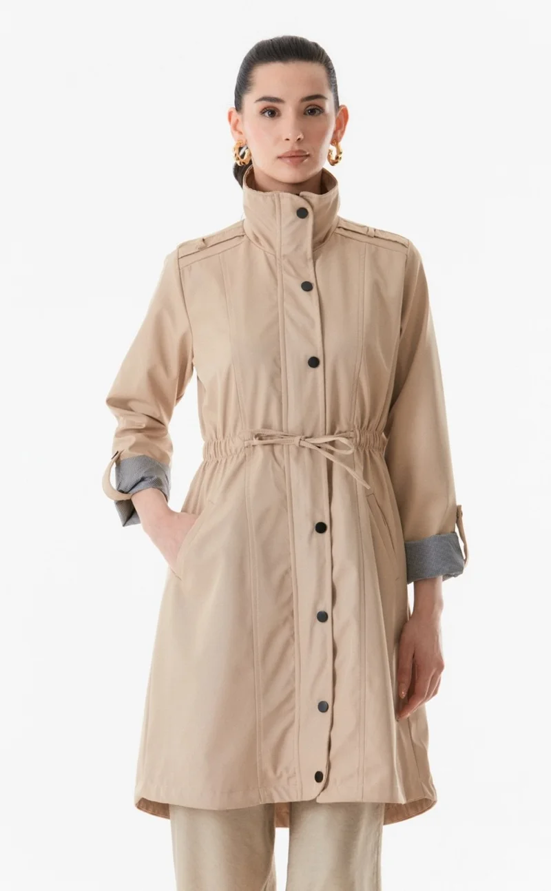 FullaModa Trench Coat with Folded Sleeves and Elastic Waist