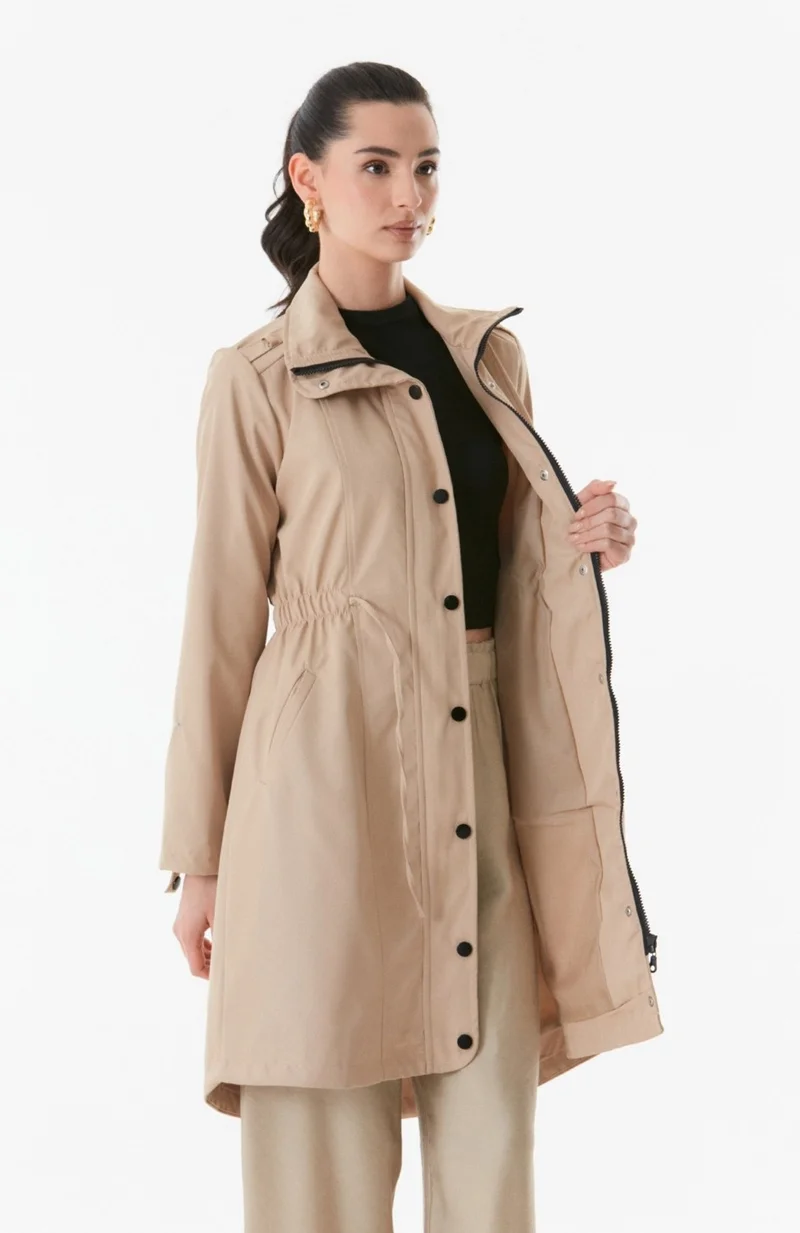FullaModa Trench Coat with Folded Sleeves and Elastic Waist