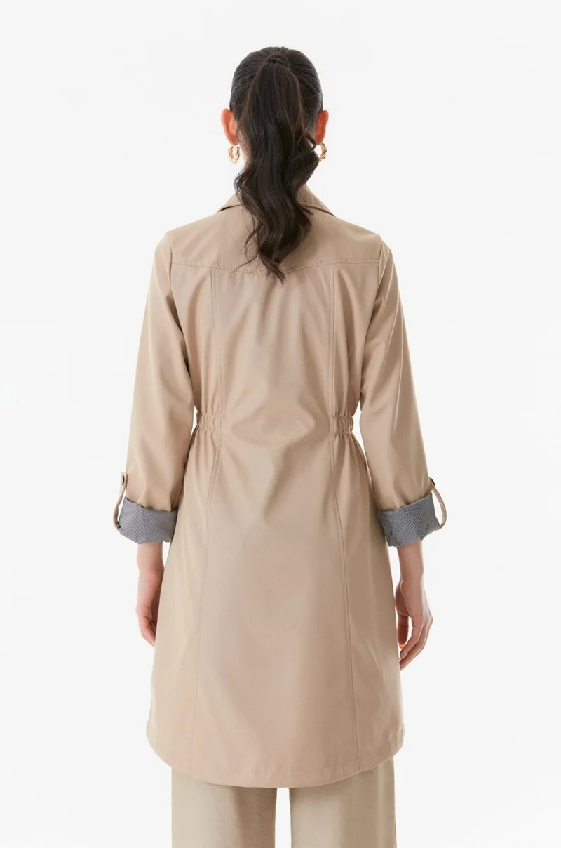 FullaModa Trench Coat with Folded Sleeves and Elastic Waist
