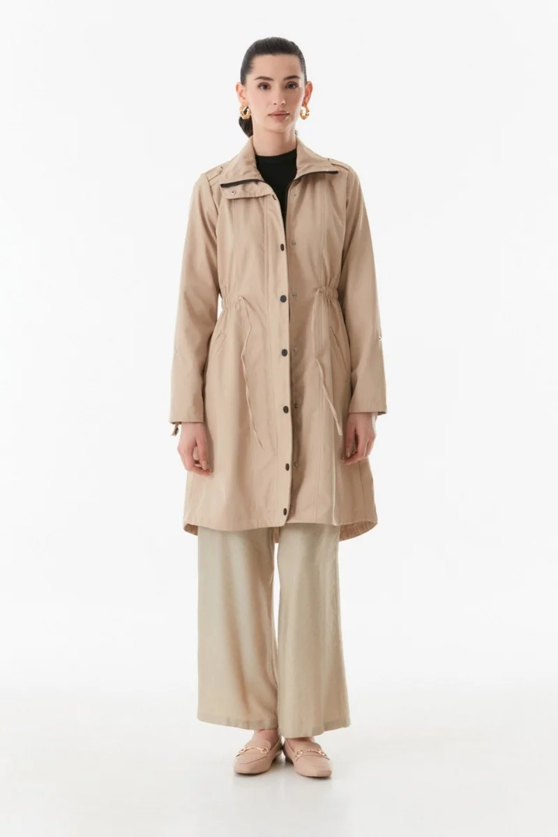 FullaModa Trench Coat with Folded Sleeves and Elastic Waist