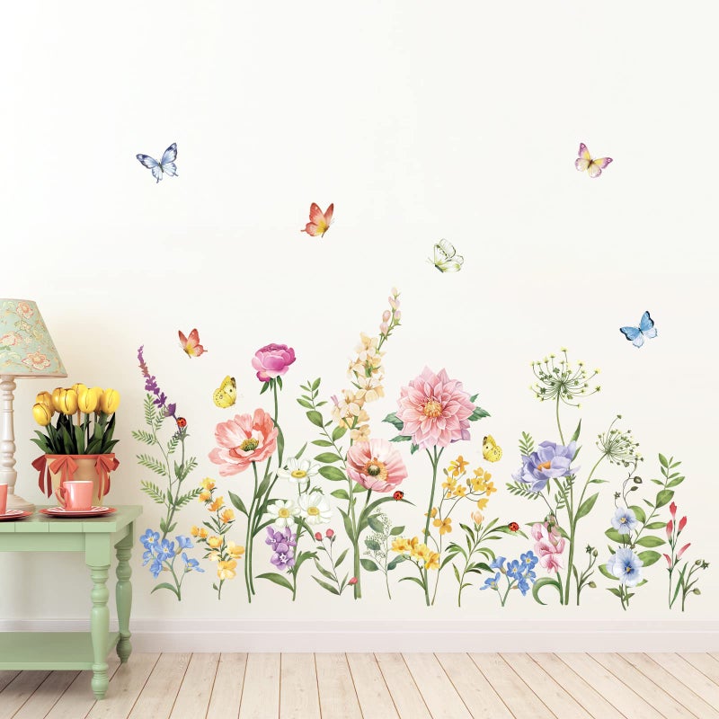 wondever Garden Flower Wall Stickers Poppy Peony Pink Floral Butterflies Peel and Stick Wall Art Decals for Living Room Bedroom TV Background
