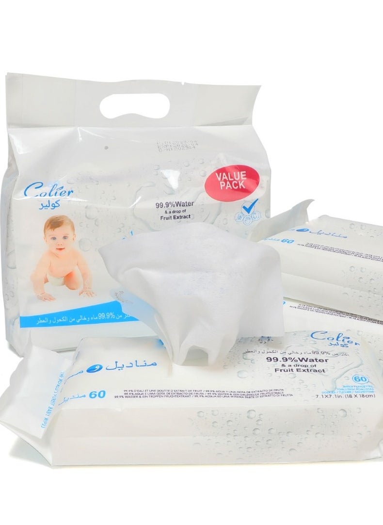 COLIER 99.9% Water And A Drop Of Fruit Extract 180 Wipes 3 Pack Of 60 Wipes 