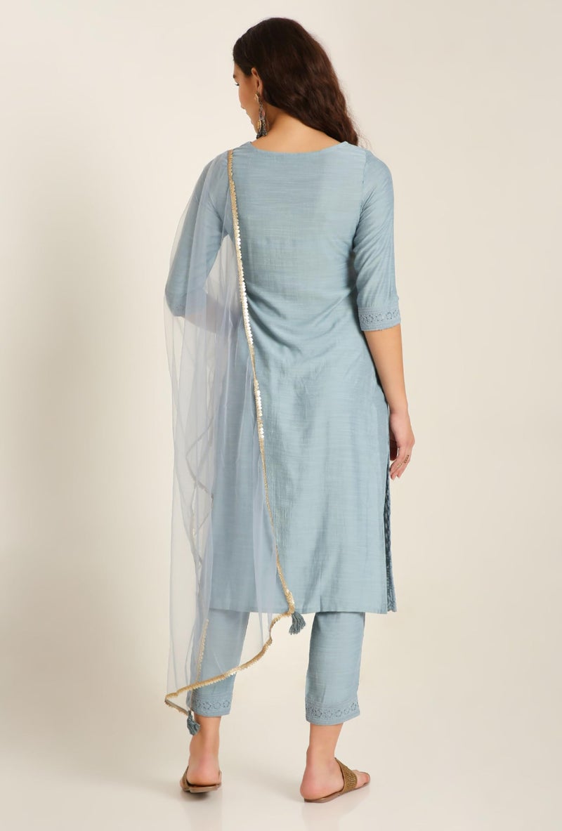 SHOPPING QUEEN Women's Silk Chikankari Kurta Pant Set with Dupatta (A522_Sky Blue_M) - Image 3