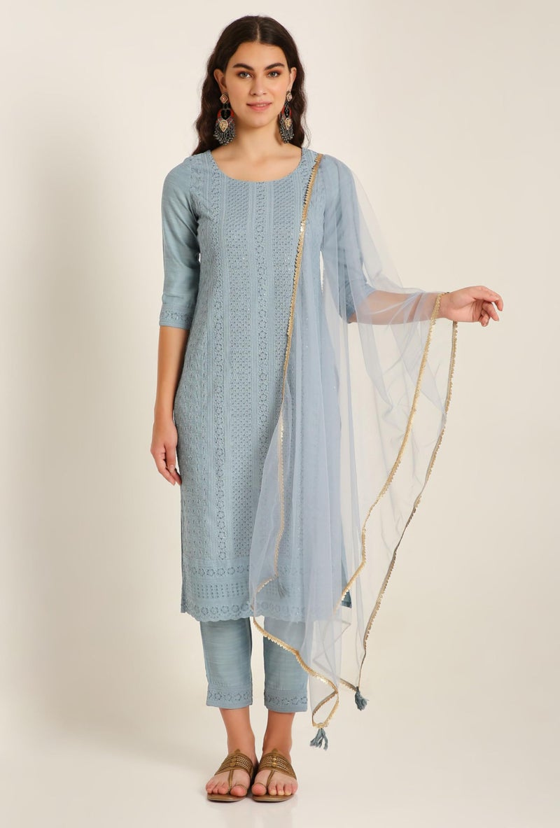 SHOPPING QUEEN Women's Silk Chikankari Kurta Pant Set with Dupatta (A522_Sky Blue_M) - Image 2